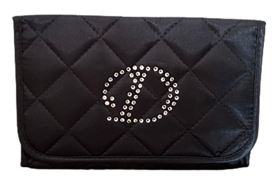 Personalized & Monogrammed Cosmetic Bag with a Mirror, Quilted Black Satin, Cursive Single Upper Case Letter in Swarovski Rhinestones
