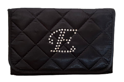 Personalized & Monogrammed Cosmetic Bag with a Mirror, Quilted Black Satin, Cursive Single Upper Case Letter in Swarovski Rhinestones