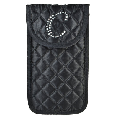 Monogrammed & Personalized Quilted Satin Black Soft Eyeglass Case, Cursive Single Upper Case Letter in Swarovski Rhinestones