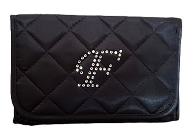 Personalized & Monogrammed Cosmetic Bag with a Mirror, Quilted Black Satin, Cursive Single Upper Case Letter in Swarovski Rhinestones