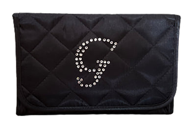 Personalized & Monogrammed Cosmetic Bag with a Mirror, Quilted Black Satin, Cursive Single Upper Case Letter in Swarovski Rhinestones