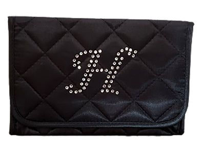 Personalized & Monogrammed Cosmetic Bag with a Mirror, Quilted Black Satin, Cursive Single Upper Case Letter in Swarovski Rhinestones