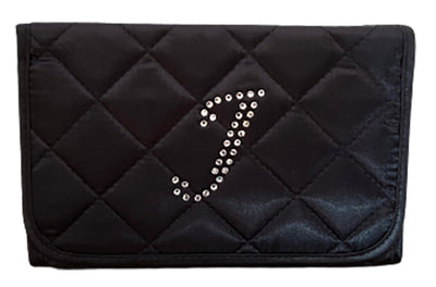 Personalized & Monogrammed Cosmetic Bag with a Mirror, Quilted Black Satin, Cursive Single Upper Case Letter in Swarovski Rhinestones