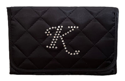 Personalized & Monogrammed Cosmetic Bag with a Mirror, Quilted Black Satin, Cursive Single Upper Case Letter in Swarovski Rhinestones