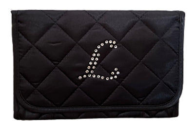 Personalized & Monogrammed Cosmetic Bag with a Mirror, Quilted Black Satin, Cursive Single Upper Case Letter in Swarovski Rhinestones