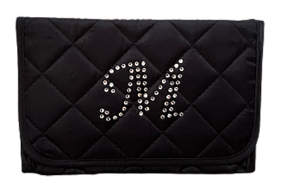 Personalized & Monogrammed Cosmetic Bag with a Mirror, Quilted Black Satin, Cursive Single Upper Case Letter in Swarovski Rhinestones