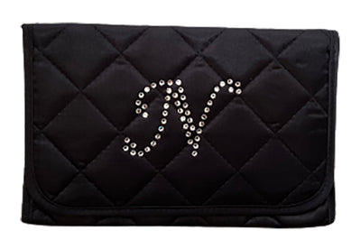 Personalized & Monogrammed Cosmetic Bag with a Mirror, Quilted Black Satin, Cursive Single Upper Case Letter in Swarovski Rhinestones