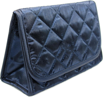 Cosmetic Bag with Mirror, Quited Satin Dark Blue, Large