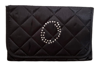 Personalized & Monogrammed Cosmetic Bag with a Mirror, Quilted Black Satin, Cursive Single Upper Case Letter in Swarovski Rhinestones