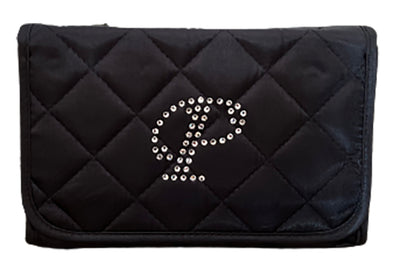 Personalized & Monogrammed Cosmetic Bag with a Mirror, Quilted Black Satin, Cursive Single Upper Case Letter in Swarovski Rhinestones