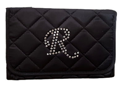 Personalized & Monogrammed Cosmetic Bag with a Mirror, Quilted Black Satin, Cursive Single Upper Case Letter in Swarovski Rhinestones