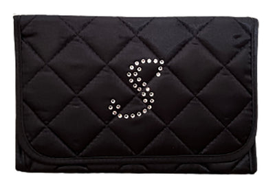 Personalized & Monogrammed Cosmetic Bag with a Mirror, Quilted Black Satin, Cursive Single Upper Case Letter in Swarovski Rhinestones