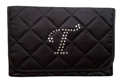 Personalized & Monogrammed Cosmetic Bag with a Mirror, Quilted Black Satin, Cursive Single Upper Case Letter in Swarovski Rhinestones
