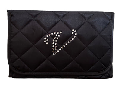 Personalized & Monogrammed Cosmetic Bag with a Mirror, Quilted Black Satin, Cursive Single Upper Case Letter in Swarovski Rhinestones