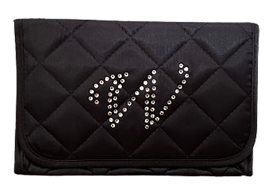 Personalized & Monogrammed Cosmetic Bag with a Mirror, Quilted Black Satin, Cursive Single Upper Case Letter in Swarovski Rhinestones