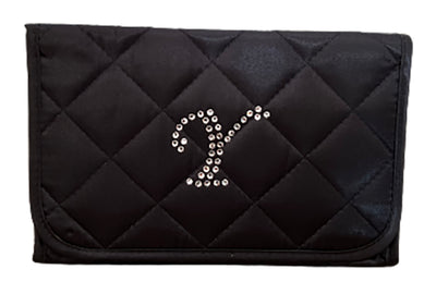 Personalized & Monogrammed Cosmetic Bag with a Mirror, Quilted Black Satin, Cursive Single Upper Case Letter in Swarovski Rhinestones