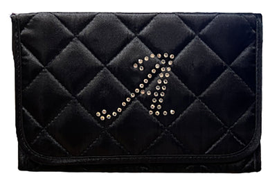 Personalized & Monogrammed Cosmetic Bag with a Mirror, Quilted Black Satin, Cursive Single Upper Case Letter in Swarovski Rhinestones