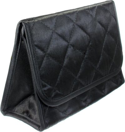 Personalized & Monogrammed Cosmetic Bag with a Mirror, Quilted Black Satin, Cursive Single Upper Case Letter in Swarovski Rhinestones