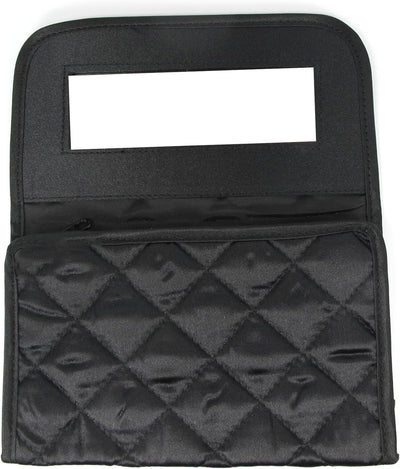 Personalized & Monogrammed Cosmetic Bag with a Mirror, Quilted Black Satin, Cursive Single Upper Case Letter in Swarovski Rhinestones