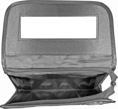 Personalized & Monogrammed Cosmetic Bag with a Mirror, Quilted Black Satin, Cursive Single Upper Case Letter in Swarovski Rhinestones