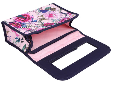 Cosmetic Bag with Mirror, Quited Cotton in Pink Floral
