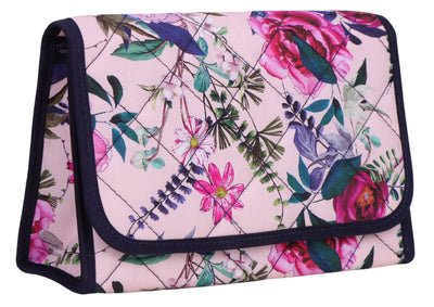 Cosmetic Bag with Mirror, Quited Cotton in Pink Floral