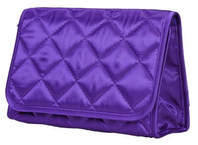 Cosmetic Bag with Mirror, Quited Satin Purple, Large