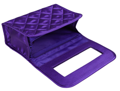 Cosmetic Bag with Mirror, Quited Satin Purple, Large