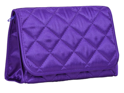 Cosmetic Bag with Mirror, Quited Satin Purple, Large