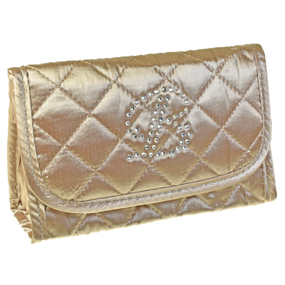 Personalized & Monogrammed Cosmetic Bag with a Mirror, Quilted Bronze Satin, Cursive Single Upper Case Letter in Swarovski Rhinestones