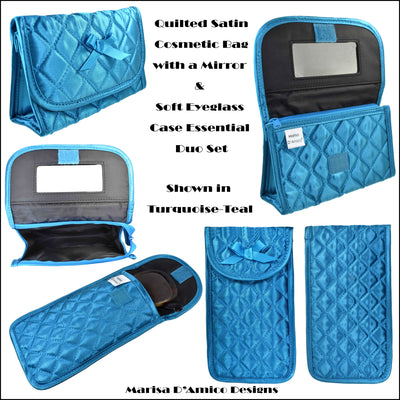 Quilted Satin Cosmetic Bag with a Mirror & Soft Eyeglass Case Essential Duo Set, Turquoise-Teal