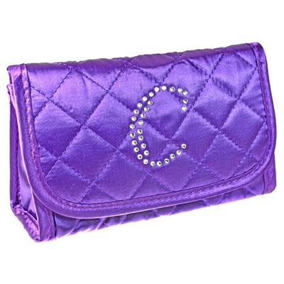 Personalized & Monogrammed Cosmetic Bag with a Mirror, Quilted Purple Satin, Cursive Single Upper Case Letter in Swarovski Rhinestones
