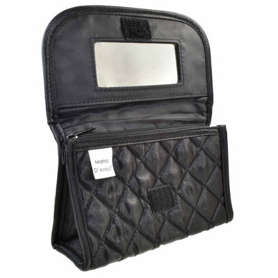 Quilted Satin Cosmetic Bag with a Mirror, Black, Open View