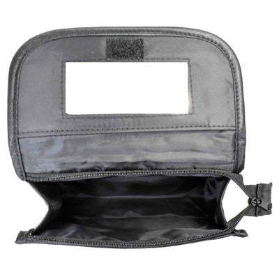 Quilted Satin Cosmetic Bag with a Mirror, Black, Open View