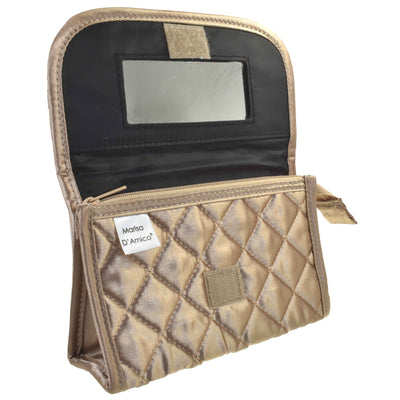 Personalized & Monogrammed Cosmetic Bag with a Mirror, Quilted Bronze Satin, Cursive Single Upper Case Letter in Swarovski Rhinestones