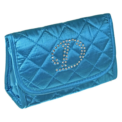 Personalized & Monogrammed Cosmetic Bag with a Mirror, Quilted Turquoise-Teal Satin, Cursive Single Upper Case Letter in Swarovski Rhinestones