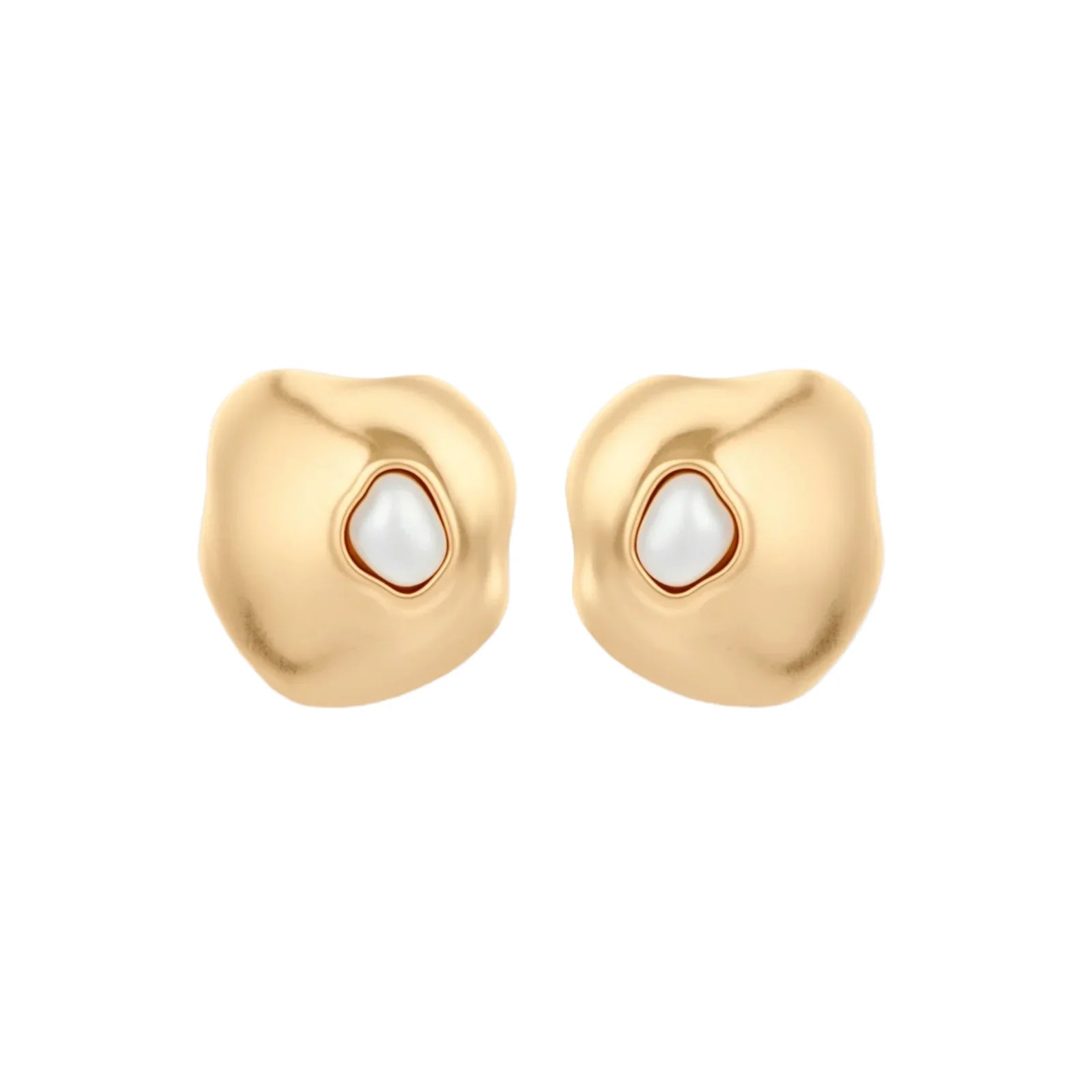Organic-shaped eco-zinc alloy stud earrings with resin pearl centers and sterling silver posts on white background.