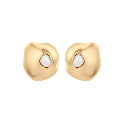 Organic-shaped eco-zinc alloy stud earrings with resin pearl centers and sterling silver posts on white background.