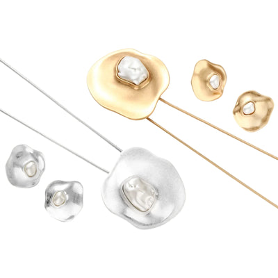 Organic-shaped eco-zinc alloy stud earrings with resin pearl centers and sterling silver posts on white background.