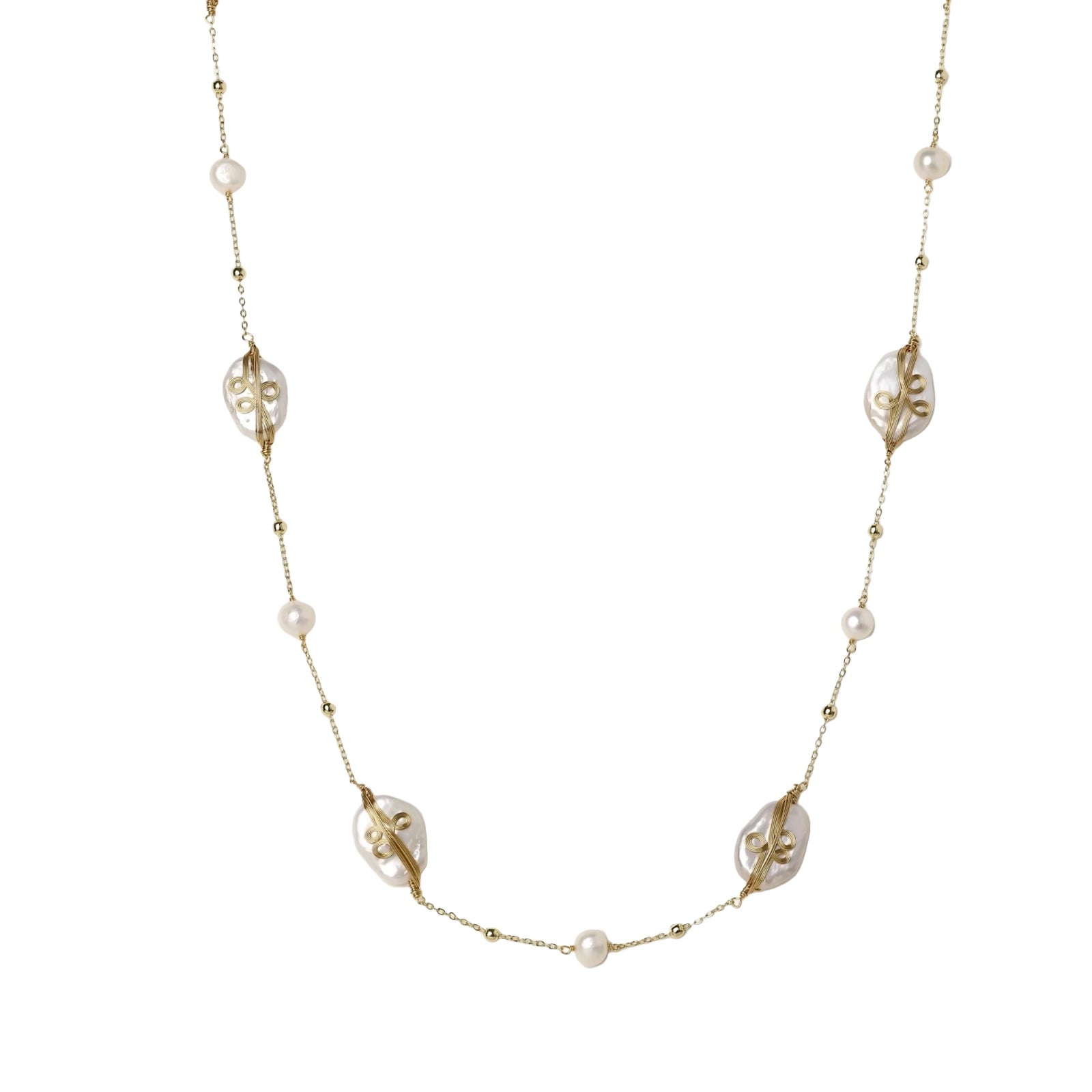 Long gold chain necklace with baroque pearls wrapped in leaf designs and small freshwater pearls spaced along the strand