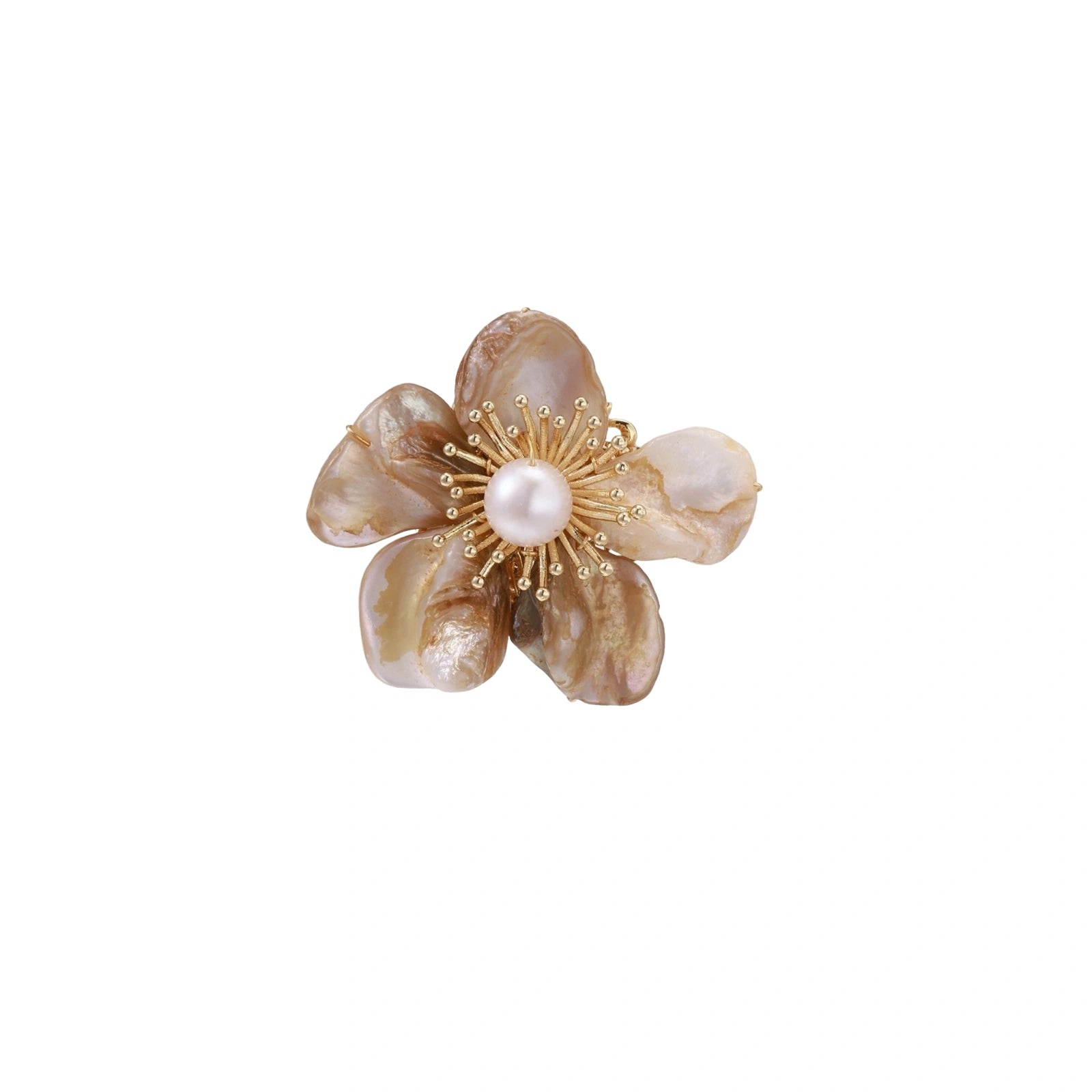 Flower-shaped brooch with iridescent shell petals, freshwater pearl center, and gold-plated radiating details.