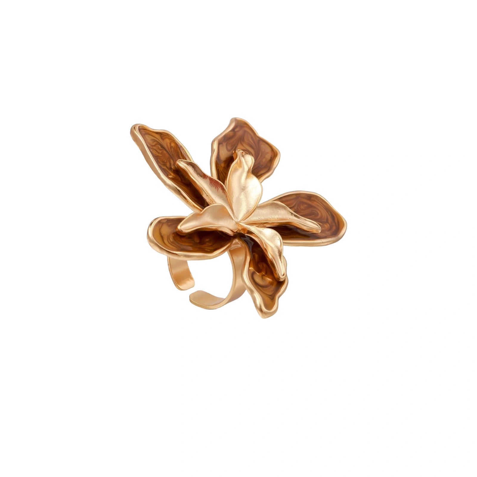 Large rose gold ring with marbled brown enamel petals in a sculptural flower design