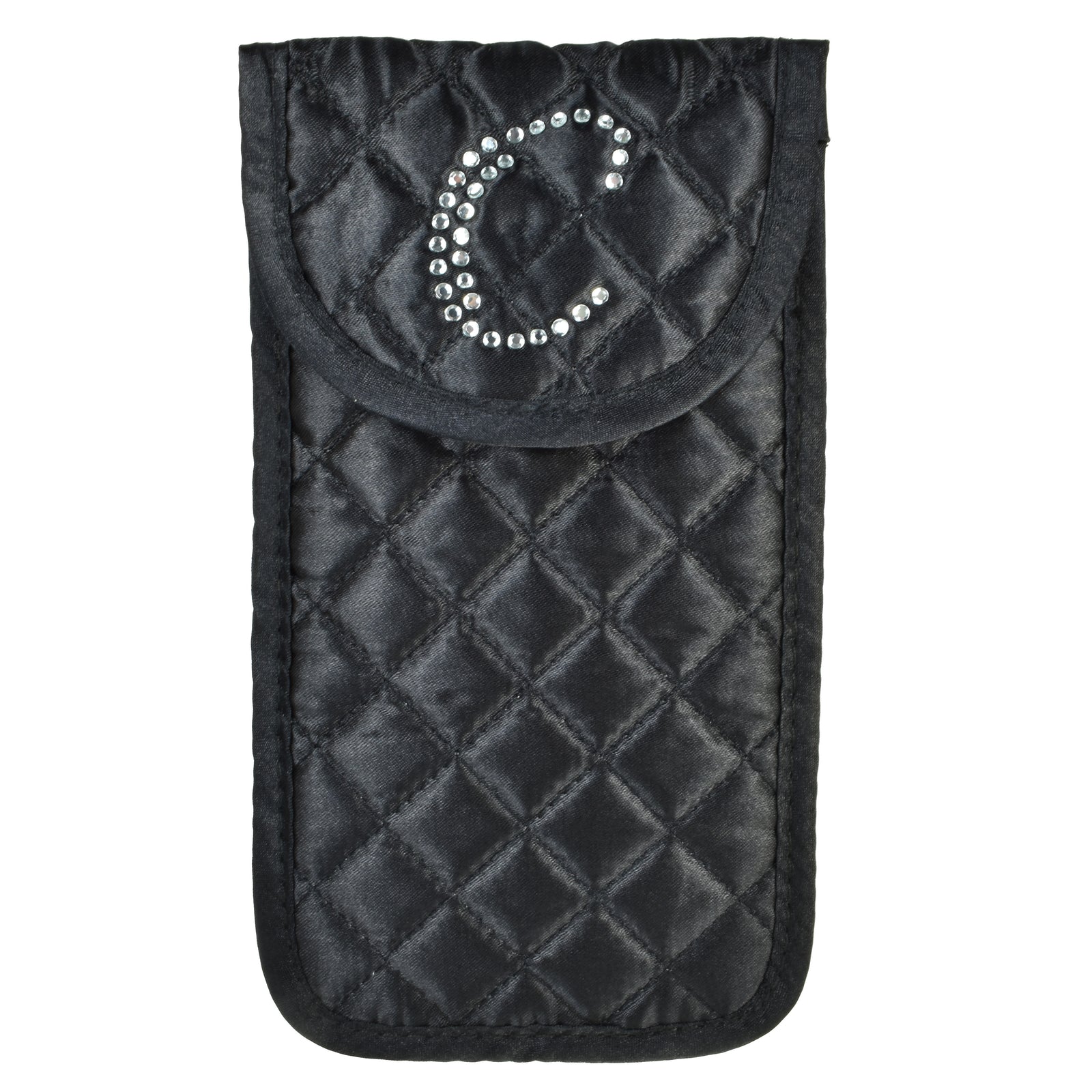 Monogrammed & Personalized Quilted Satin Black Soft Eyeglass Case, Cursive Single Upper Case Letter in Swarovski Rhinestones