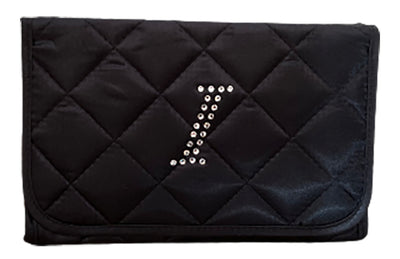 Personalized & Monogrammed Cosmetic Bag with a Mirror, Quilted Black Satin, Cursive Single Upper Case Letter in Swarovski Rhinestones