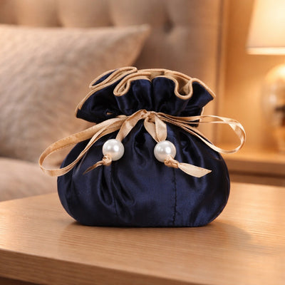 Drawstring Premium Satin Jewelry Pouch with 8 Interior Pockets, Blue + Gold