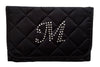 Personalized & Monogrammed Cosmetic Bag with a Mirror, Quilted Black Satin, Cursive Single Upper Case Letter in Swarovski Rhinestones