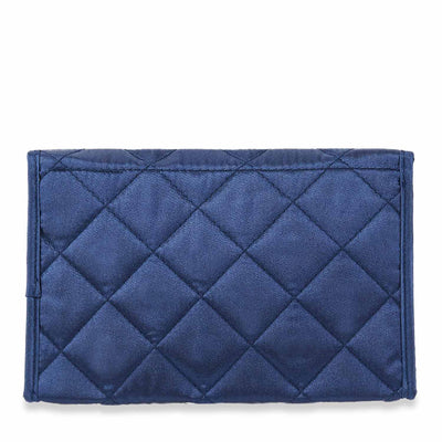 Cosmetic Bag with Mirror, Quited Satin Dark Blue, Large