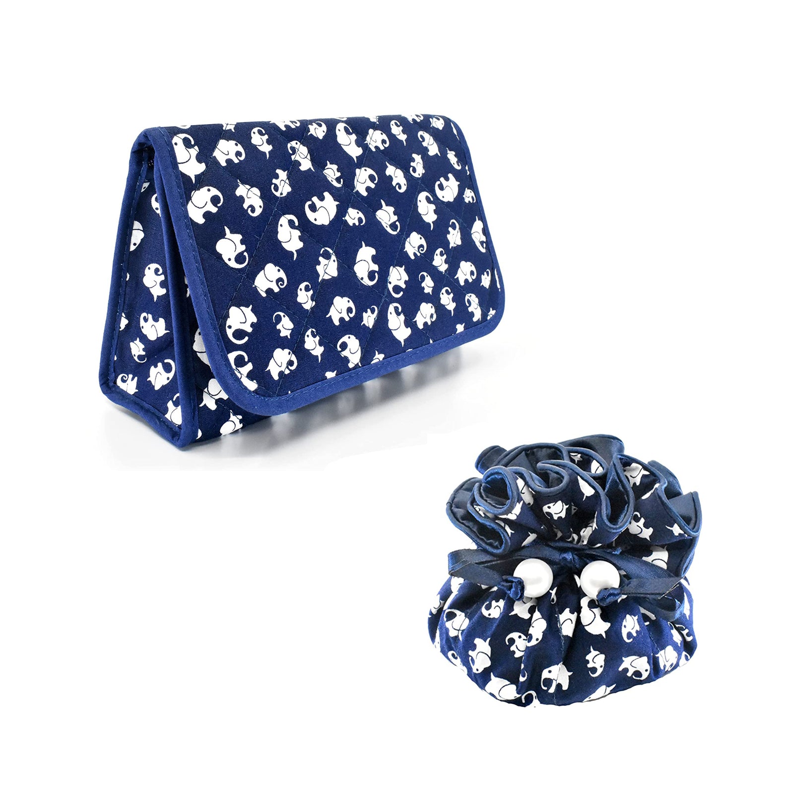 Quilted Satin Cosmetic Bag with a Mirror & Drawstring Jewelry Pouch Set