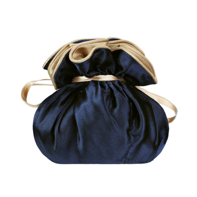 Drawstring Premium Satin Jewelry Pouch with 8 Interior Pockets, Blue + Gold