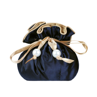 Drawstring Premium Satin Jewelry Pouch with 8 Interior Pockets, Blue + Gold